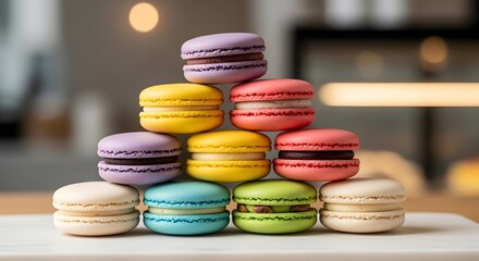 Assorted macarons in vivid colors arranged in a pyramid stack, commercial food photography style, bakery and dessert promotion and packaging mockup