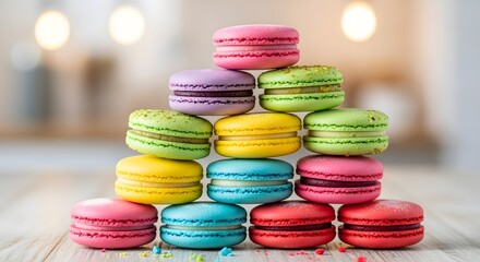 Assorted macarons in vivid colors arranged in a pyramid stack, commercial food photography style, bakery and dessert promotion and packaging mockup