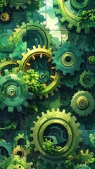 A vertical digital artwork showing green gears intertwined with plants, a futuristic, natural design
