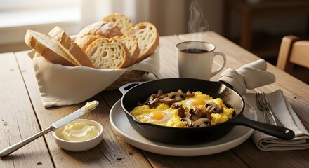 Rustic breakfast with scrambled eggs and sauteed mushrooms, fresh bread, butter knife, cozy wooden table
