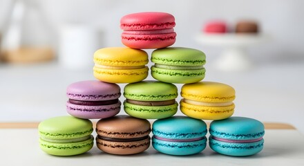 Assorted macarons in vivid colors arranged in a pyramid stack, commercial food photography style, bakery and dessert promotion and packaging mockup