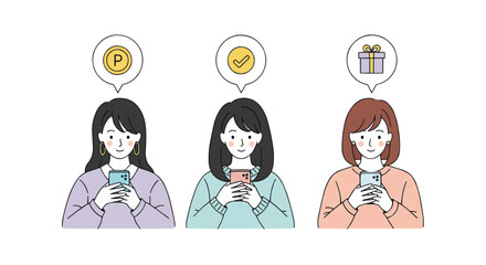 スマートフォンを操作するオシャレな若い女性3人のシンプルなベクターイラストセット