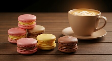 Assorted macarons with coffee cup on rustic wooden table, lifestyle food photography, bakery concept, commercial product image