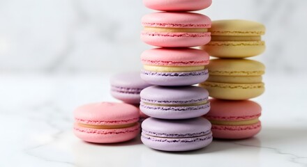 Tall stack of colorful macarons, minimalist studio background, dessert promotion or food packaging concept