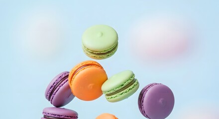 Colorful macarons floating mid-air against pastel background, whimsical surreal advertising look, perfect for commercial use and product showcase