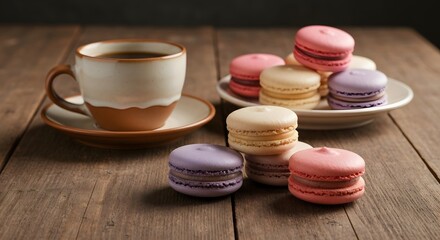 Assorted macarons with coffee cup on rustic wooden table, lifestyle food photography, bakery concept, commercial product image