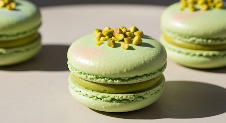 Pistachio macaron with crushed pistachio garnish on top, artisan pastry photography and premium luxury concept
