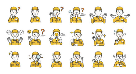 帽子を被ったミドル世代の男性作業員の様々な表情アイコンセット