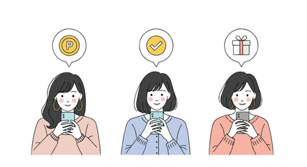 スマートフォンを操作するオシャレな若い女性3人のシンプルなベクターイラストセット