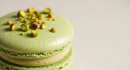 Pistachio macaron with crushed pistachio garnish on top, artisan pastry photography and premium luxury concept