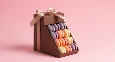 Luxury packaging box of assorted pastel macarons in soft pink background, elegant bakery advertising shot