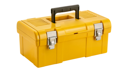 Durable yellow toolbox, ready to organize your essential tools for any job, perfect for DIY projects and professional tradespeople alike isolated on white or transparent png.