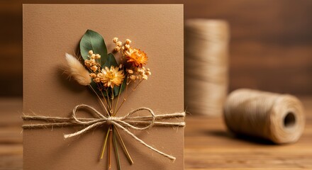 Kraft paper wedding invitation card mockup with dried flowers and twine ribbon, rustic wood table background, bohemian aesthetic, authentic handmade feel