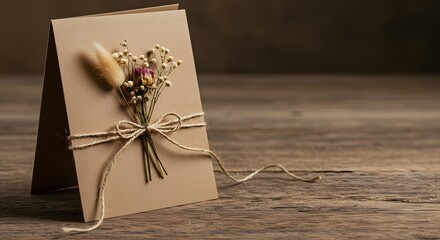 Kraft paper wedding invitation card mockup with dried flowers and twine ribbon, rustic wood table background, bohemian aesthetic, authentic handmade feel