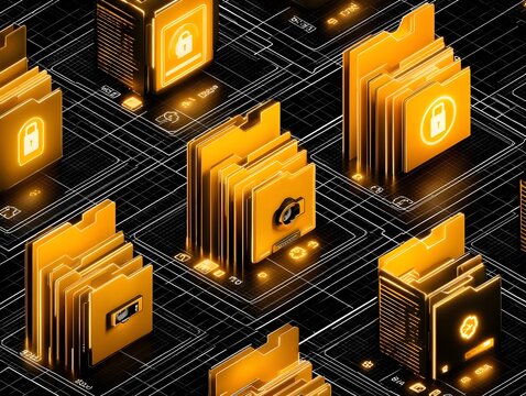 Isometric 3D folder icons with a glossy finish showcase multi layered digital security and interactive elements on a light grid background