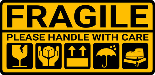 sticker fragile handle with care, black and yellow fragile warning label, fragile label with broken glass symbol, vector asset. warning sign for delivery package.