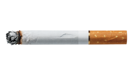 Smoldering cigarette with ash and filter for healthcare awareness campaigns, symbolizing addiction, unhealthy lifestyle choices and the fight against smoking isolated on white or transparent png.