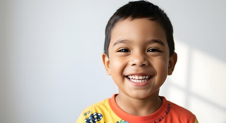 Portrait of a cheerful child smiling brightly, natural light studio background, lifestyle advertising photography