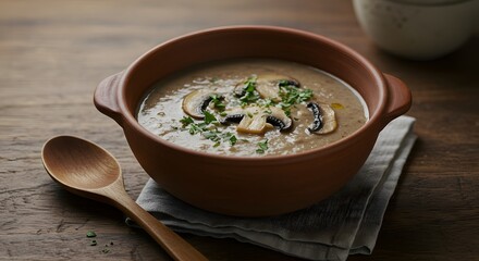 Mushroom soup in rustic ceramic bowl with herbs on top, wooden spoon, cozy cafe style, editorial food photography
By digitalbysher