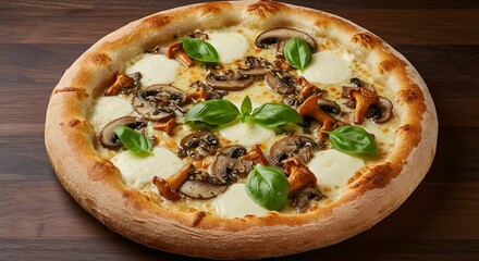Pizza topped with wild mushrooms, melted mozzarella, fresh basil, golden crust, overhead shot, styled for Italian restaurant menu