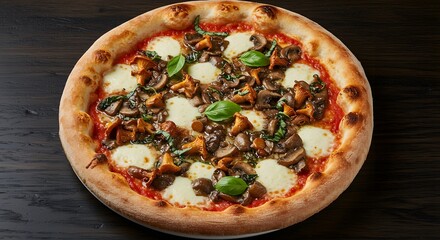 Pizza topped with wild mushrooms, melted mozzarella, fresh basil, golden crust, overhead shot, styled for Italian restaurant menu