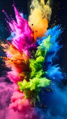 A vertical, dynamic, explosion of vivid, colorful powders against a dark backdrop
