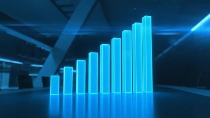 Glowing Blue Graph Ascending in a Dark Room with Geometric Structures and Lens Flare - Powered by Adobe