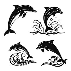 Naklejka premium Vector art of set of four dolphin silhouettes jumping out of water