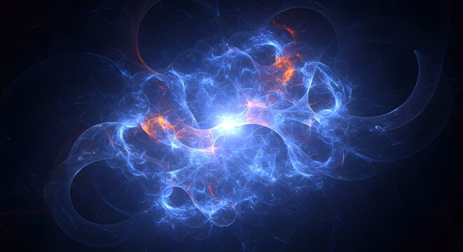 Abstract blue and orange energy burst against a black backdrop, suggesting cosmic phenomena