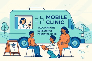 Mobile clinic providing vaccinations, screenings, and prenatal care services to diverse patients in a rural community setting with light background. Ai generative