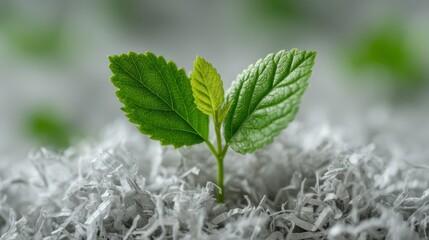 Green leaf sprouting from clean inert material in minimalist setting nature photography indoor environment close-up view