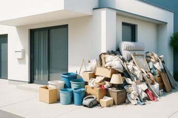 Pile of household waste and furniture outside modern house under bright daylight on white concrete background. Ai generative.