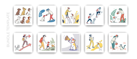Dog training and pet care illustration set with people and dogs performing various activities in flat hand drawn style