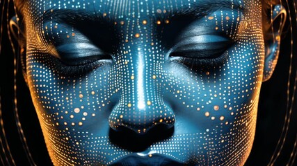 Futuristic cybernetic woman with illuminated facial interface in digital space. concept of cybernetic intelligence, artificial intelligence with a human face, AI, cyberspace - Powered by Adobe