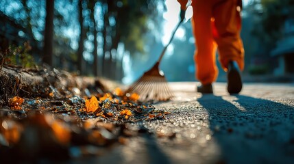 Municipal worker cleaning park area city park photo early morning close-up environmental awareness