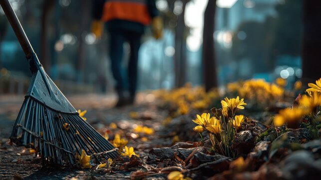 Municipal worker cleaning public park area urban landscape action shot nature close-up view environmental care