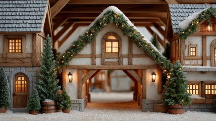 Obraz premium Festive Christmas village scene with snow covered houses and evergreen trees