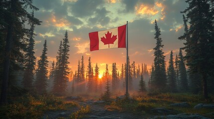 Canadian flag proudly waves amidst a serene forest at sunrise, symbolizing national pride and natural beauty. Ideal for Canadian travel blogs, cultural sites, or patriotic content