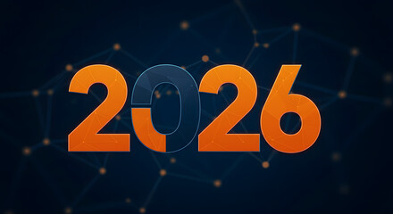 2026 Year - Orange Number with Dark Blue Background and Digital Network Lines