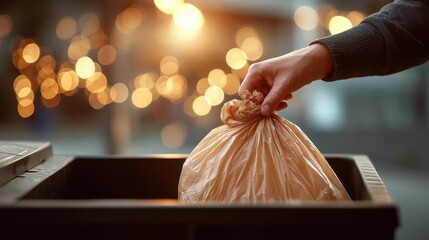 Person disposing of neatly tied household waste bag into standard bin urban environment evening viewpoint for sustainable living