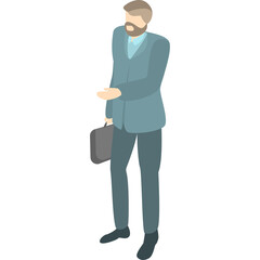 Bearded Man in Teal Blue Suit and Light Blue Shirt Holding a Briefcase in Isometric Style