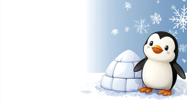 Cute cartoon penguin standing next to igloo in snowy landscape, surrounded by snowflakes, evoking cheerful winter scene