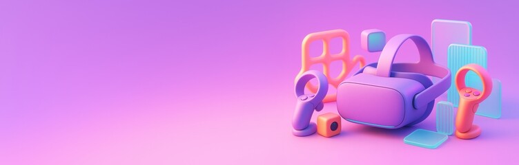 Virtual reality headset and controllers on vibrant purple background with empty copyspace for advertising or technology design template concept. Ai generative