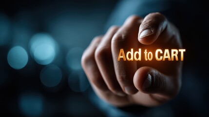 Engaging online shopping experience person pointing at glowing add to cart button in clean digital environment