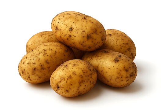 Pile of fresh potatoes with dirt residue, isolated white background