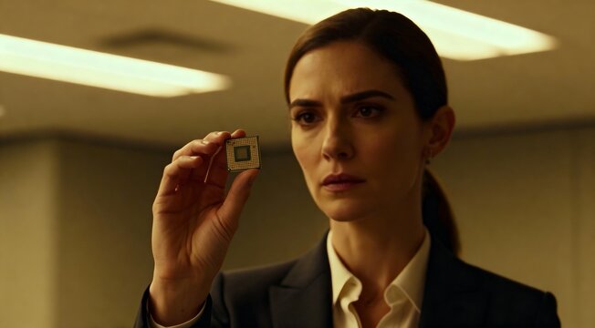 A serious woman in a business suit intently examines a small computer microchip, embodying themes of technology, espionage, and corporate intelligence
