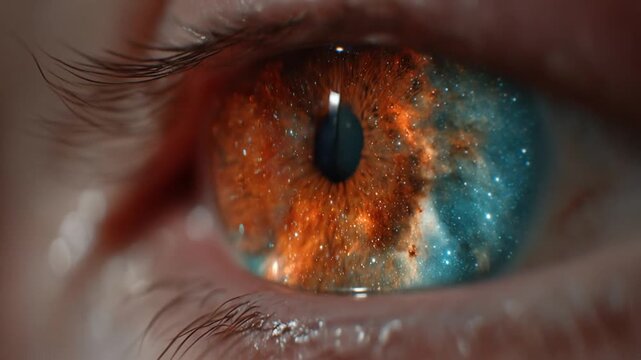 Close up of human eye with cosmic patterns reflecting in the iris