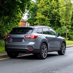 Grey SUV parked on a road next to trees and foliage on a sunny day