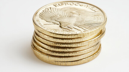 Stack of gold coins isolated white background, showcasing their shiny surface and intricate designs, evokes sense of wealth