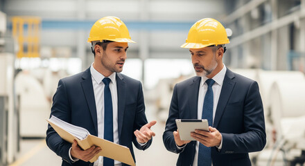  Two construction professionals, a man and a woman, wearing high-visibility vests and safety helmets, are reviewing documents and a tablet with charts at a sunny construction site. They appear to be d